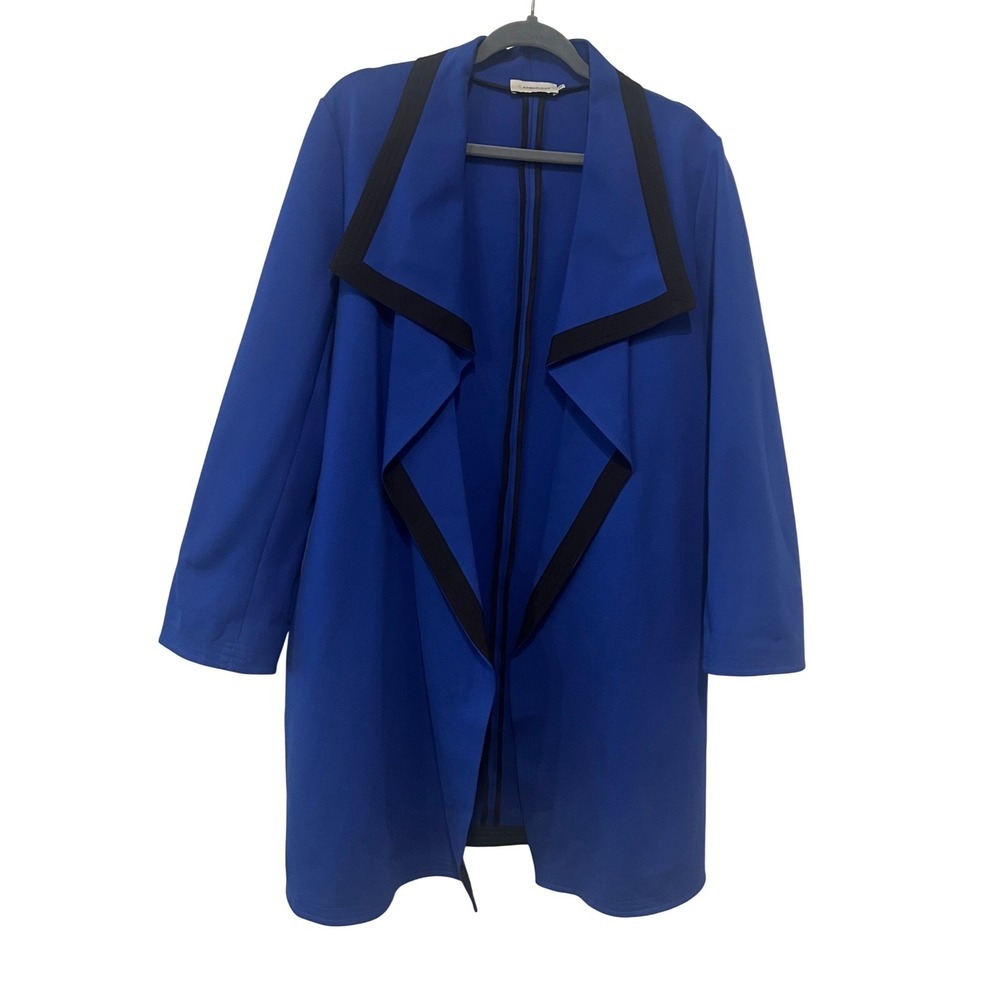 Amberleaf Royal Blue Draped Open Front Duster Coat Black Trim Size 12 (1165)